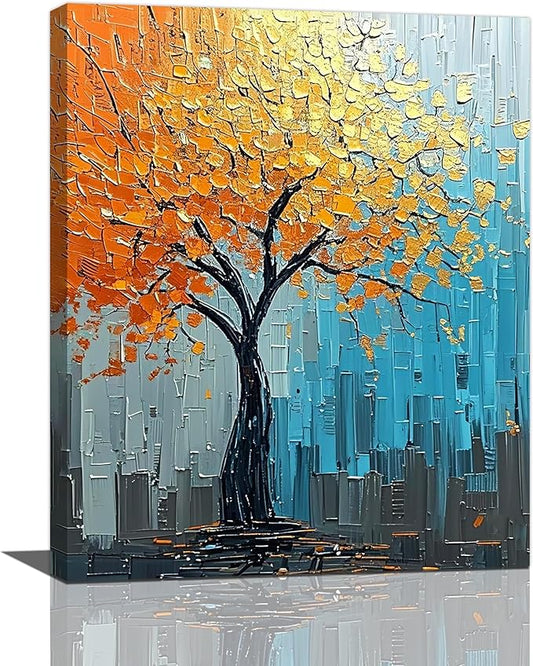 Abstract Wall Art Gold Tree Framed Modern Artwork Canvas Painting Textured Tree of Life Pictures Home Decor For Living Room Bedroom Bathroom Office 16"X20"