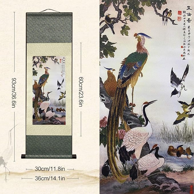 AtfArt 4 Pack Asian Wall Decor - Beautiful Silk Scroll Painting Birds - Phoenix Oriental Decor Chinese Art Wall Scroll Wall Hanging Painting (36.2 x 12 in)