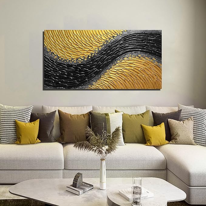 Abstract 3D Hand Painted Wall Art for Office Black and Gold Canvas Wall Art for Bedroom Modern Wall Decor for Living Room Size 24 x 47 Inch