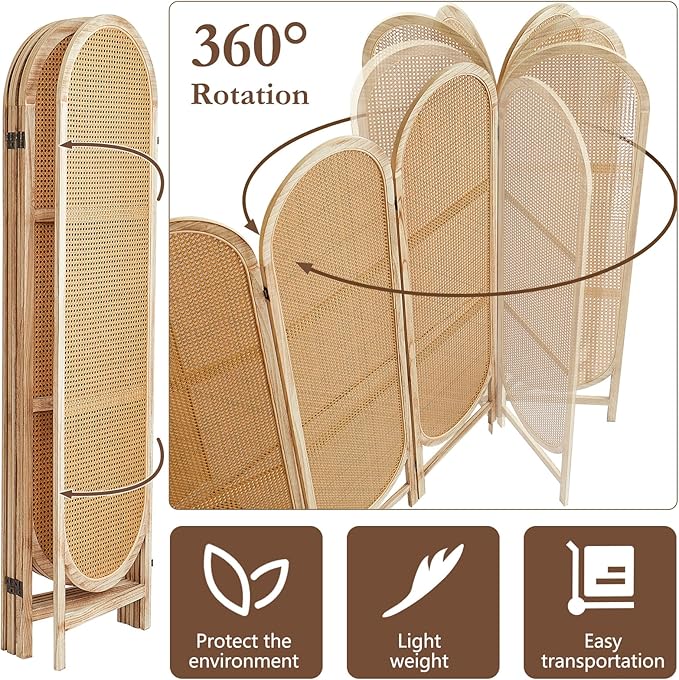 6 Panels Wood Room Divider and Folding Privacy Screens, Hand-Woven Rattan Room Dividers Panel, Room Divider Wall Freestanding Room Partitions Screen for Home Office Bedroom, Light Brown