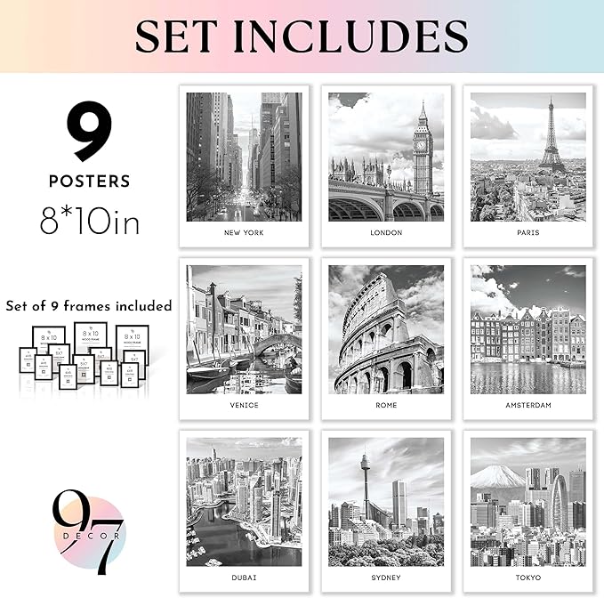 97 Decor FRAMED Black White City Wall Art Print - Cityscape Pictures, Famous Architecture Landscape Artwork Wall Decor, European Buildings Poster, New York City Skyline Photo (BLACK FRAME)