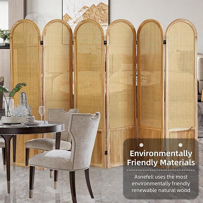 6 Panels Room Divider, Folding Privacy Screen, Foldable Wood Rattan Room Divider Panel, Portable Partition Screen Wall Divider for Room Separation Bedroom Home Office Garden Terrace (Natural)