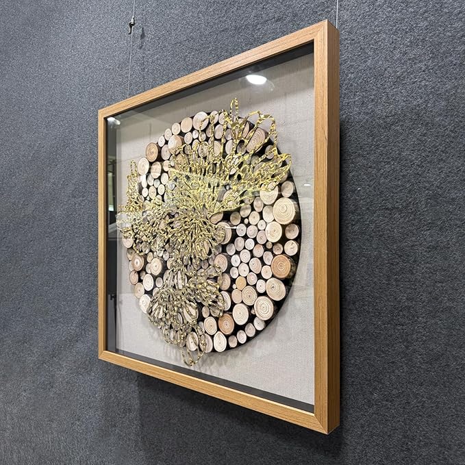 BrightA 3D Textured Wood Block Wall Art - Hand-Assembled Timber Base with Golden Vine Metal Accents, Tempered Glass & Solid Wood Frame Contemporary Decorfor Living Room Office 31.5"x31.5"