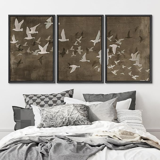MUDECOR Framed Wall Art Print Set Flock of Abstract Birds in Flight Earthy Tones Illustrations Modern Art Boho Decorative Colorful Chic for Living Room, Bedroom, Office - 16"x24"x3 Black