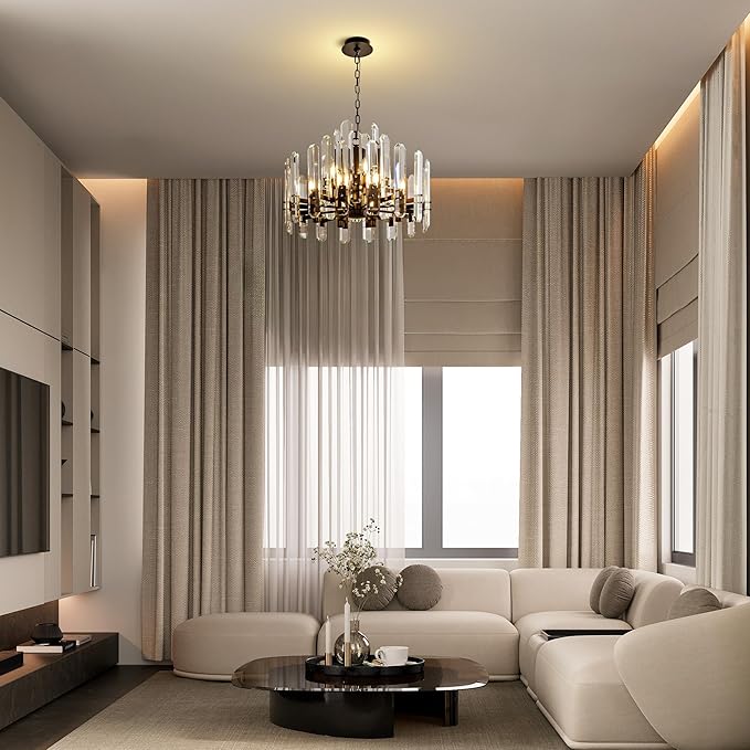 24" Black Chandelier, 12-Light Round Modern Crystal Chandelier for Dining Room, Luxury Adjustable Chain Chandeliers Pendant Light Fixture for Living Room, Bedroom, Foyer, Entryway, Kitchen