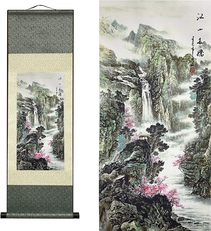 AtfArt Wall Art Asian Decor Beautiful Silk Scroll Painting - Jiangshan Duojiao, Chinese Art, Wall Hanging (36.2 x 12 in)
