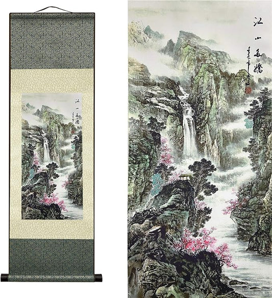 AtfArt Wall Art Asian Decor Beautiful Silk Scroll Painting - Jiangshan Duojiao, Chinese Art, Wall Hanging (36.2 x 12 in)