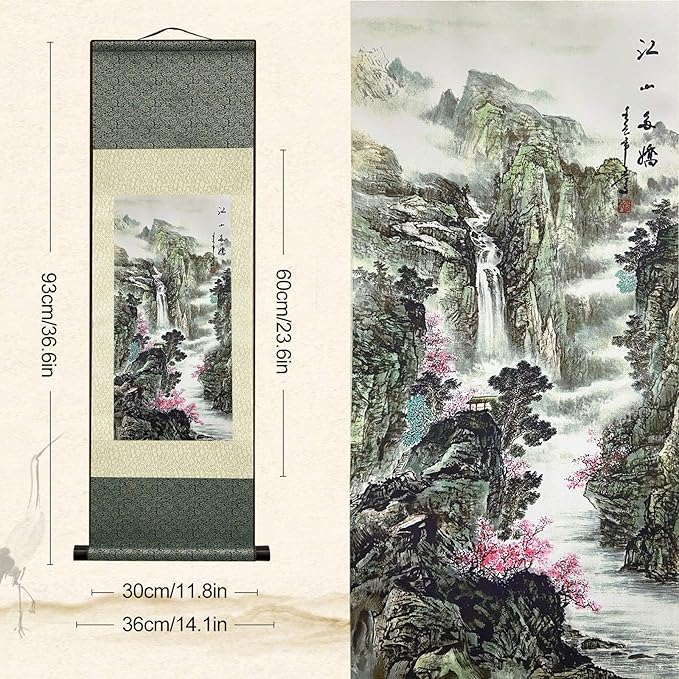AtfArt Wall Art Asian Decor Beautiful Silk Scroll Painting - Jiangshan Duojiao, Chinese Art, Wall Hanging (36.2 x 12 in)