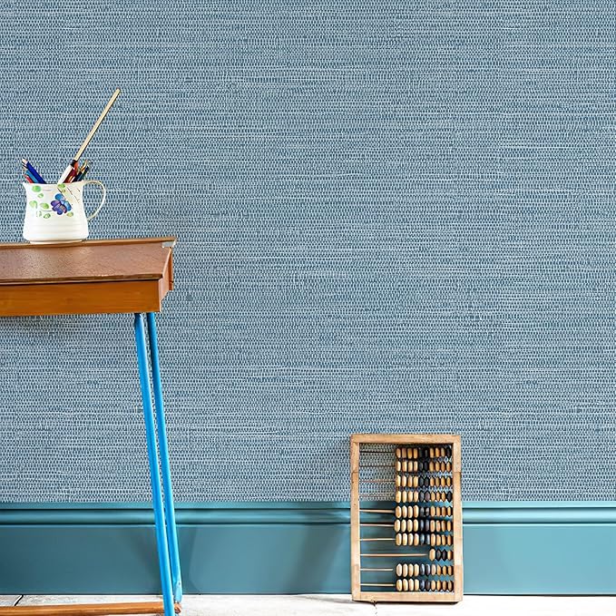 JiffDiff Grasscloth Wallpaper Peel and Stick 1181" x 17.3" Blue Cream Grassweave Stick on Wallpaper Textured Self Adhesive Wall Paper Contact Paper