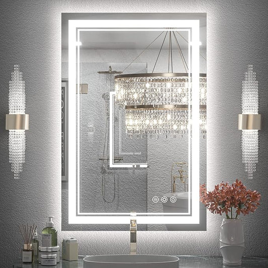 Keonjinn LED Bathroom Mirror 24" x 36" with Front and Backlight, Stepless 3 Colors Temperature & Dimmable Backlit Mirror, Double LED Strips, Anti-Fog Tempered Glass Vanity Mirror, UL Listed LED Driver