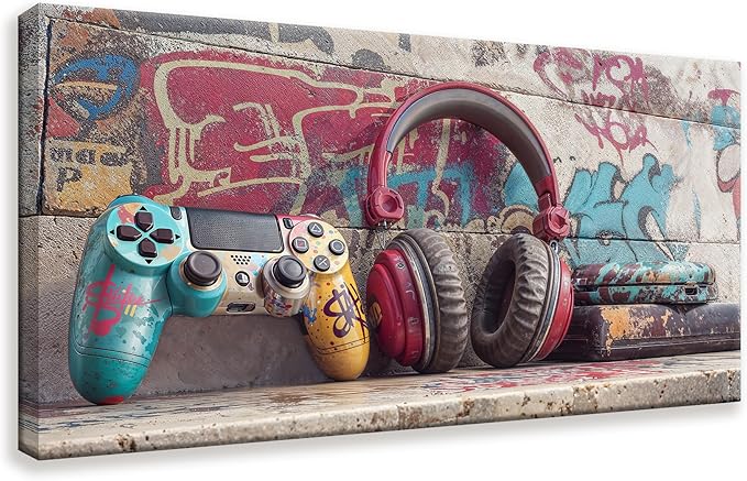 Large Game Wall Art Graffiti Gamepad Earphone Canvas Art Wall Decor Print Pictures For Bedroom Cool Video Gaming Poster Print Painting Room Decor For Boys Playroom Home Wall Decor Artwork 29"X 58"