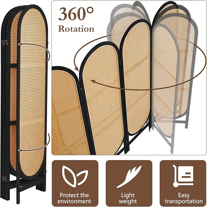 6 Panels Room Dividers, Hand-Woven Rattan Room Divider Panel and Folding Privacy Screens, Wood Room Divider Wall Freestanding Room Partitions Screen for Home Office Bedroom, Light Brown