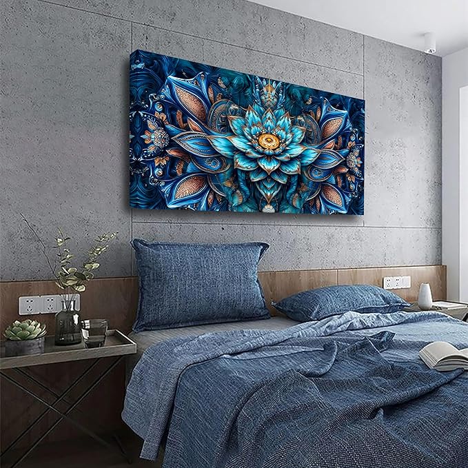 Blue Abstract Wall Art Bedroom Wall Decor Living Room,Lotus Flower Pattern of Design Canvas Wall Art Office Farmhouse Paintings Artwork Modern Golden Teal Boho Wall Art Prints Pictures 20 * 40inch