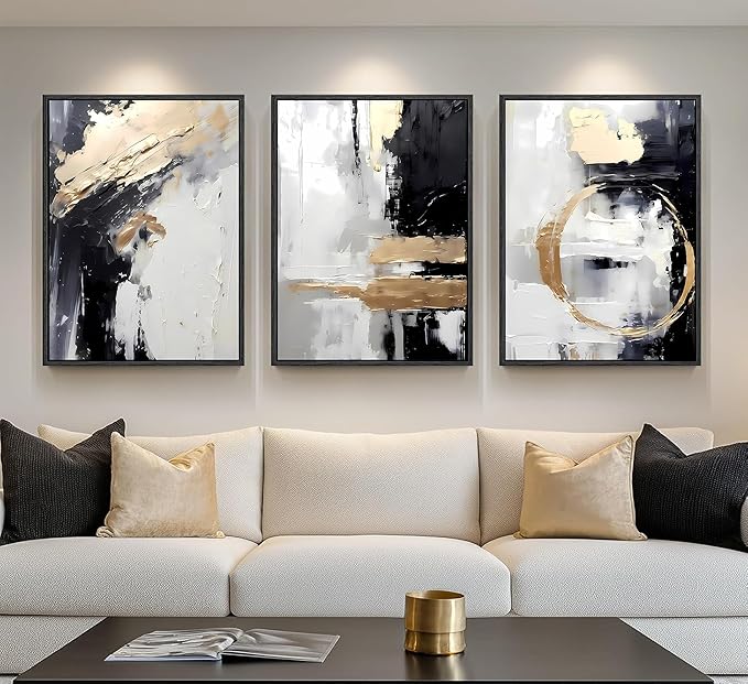3pcs Black White Gold Canvas Wall Art Abstract Geometric Textured Posters Prints Pictures Paintings with Faux Stucco Finish Modern Beige Minimalist Wall Decor for Living Room Bedroom Bathroom Unframed