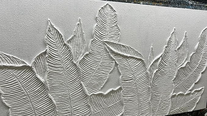 Modern Tropical Palm Leaf Wall Art, 3D Textured Relief Panel, White