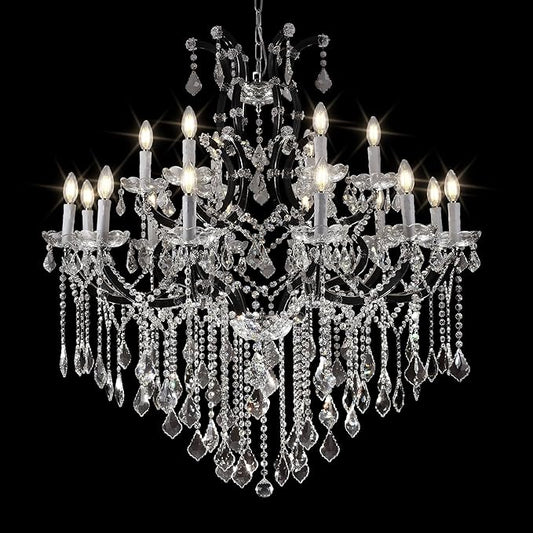 Black Large K9 Crystal Chandelier 18-Lighting Maria Theresa Chandeliers Luxury Modern High Ceiling Candle Chandelier Pendant Light Fixture 41" for Living Room, Dining, Foyer, Staircase, Entryway