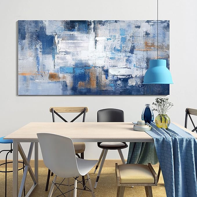 KLAKLA Navy Blue Wall Art - Modern Abstract Canvas Blue and White Picture Artwork for Living Room Wall Decor Bedroom Office Home Decoration