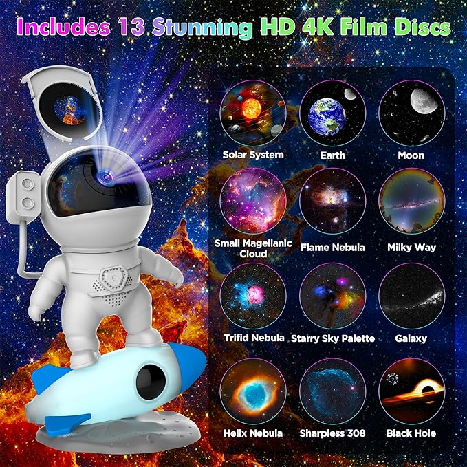Astronaut Galaxy Projector Light for Bedroom, 12-in-1 HD Nebula Northern Lights Projector with 360° Rotating Projection, Fixed Rocket Night Light with Timer, Gift for Boys Girls Kids