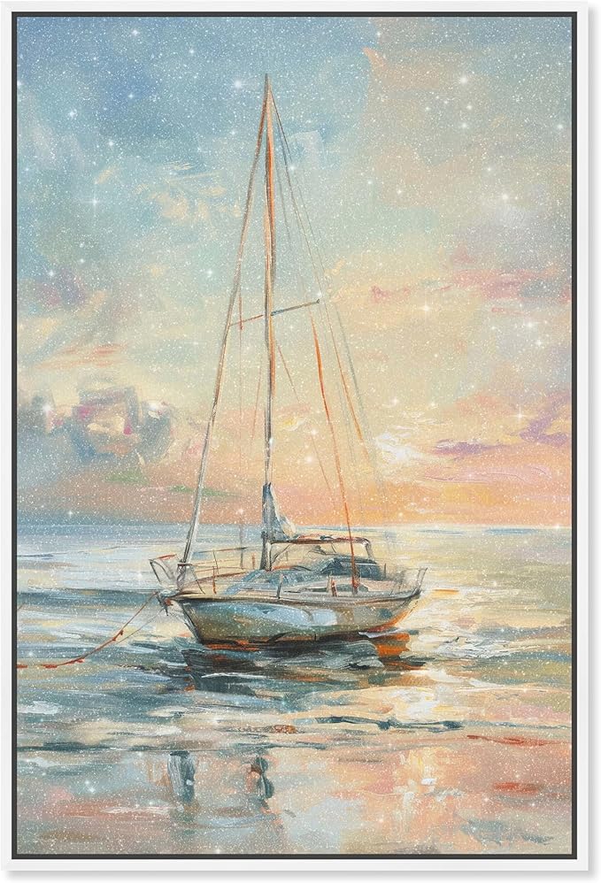 Art Remedy Boat On The Shore Framed Sailing 1 Piece Canvas Wall Art, 31" x 46", White Frame