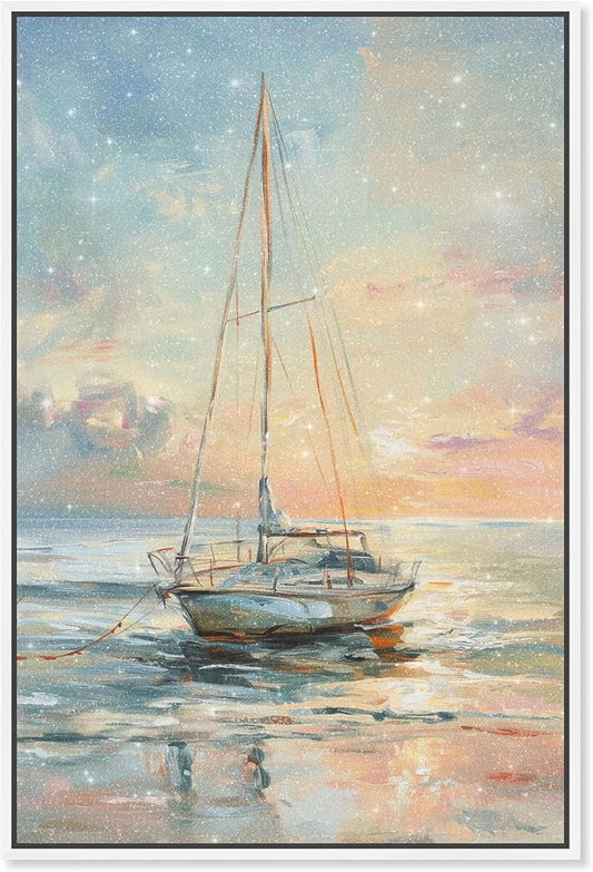 Art Remedy Boat On The Shore Framed Sailing 1 Piece Canvas Wall Art, 31" x 46", White Frame