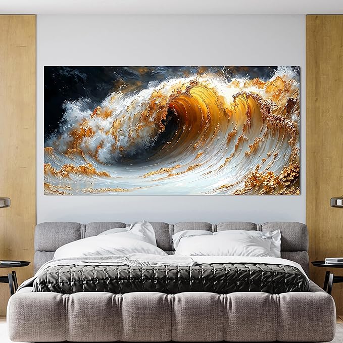 Canvas Wall Art Decor Large Wall Art for Living Room Large Artwork for Walls Gold Wave Wall Art Pictures Art Work for Wall Decor Modern Abstract Wall Art Prints Bedroom Office Decor 29" X 58"