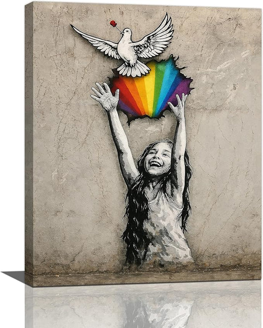 Banksy Street Graffiti Wall Art Rainbow Canvas Wall Decor Love And Peace Pictures Paintings Prints Artwork Framed Modern Decorations For Bedroom Bathroom Office Living Room Gifts 16" x 20"