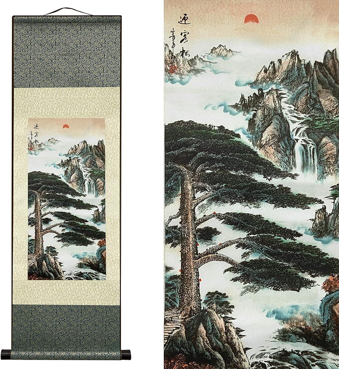 AtfArt Asian Wall Decor - Beautiful Silk Scroll Painting Pine Greeting Guests (Guest-Greeting Pine) Oriental Decor Chinese Art Wall Scroll (36.2 x 12 in)