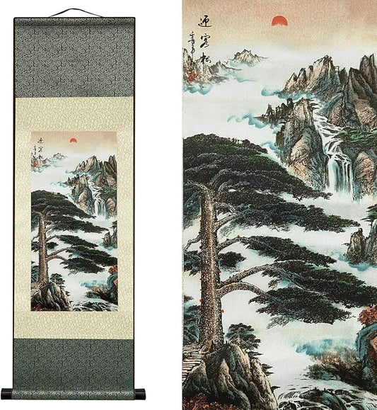 AtfArt Asian Wall Decor - Beautiful Silk Scroll Painting Pine Greeting Guests (Guest-Greeting Pine) Oriental Decor Chinese Art Wall Scroll (36.2 x 12 in)