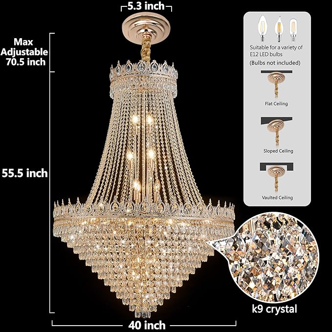 KoKo&Yukina 40" Gold Crystal Chandeliers French Empire Chandeliers K9 Crystal Modern Farmhouse Crystal Chandelier Adjustable Hanging Chandelier for Staircase Foyer Hallway