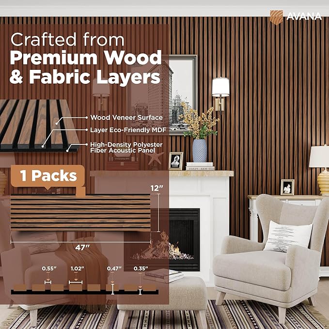 Avana Acoustic Wood Wall Panels – 47.2 X 12.6 Inch Walnut Acoustic Panels 1 PC – Wall Panels For Interior Wall Decor For Homes, Offices, Studios – Sturdy And Durable Wood Panels For Wall