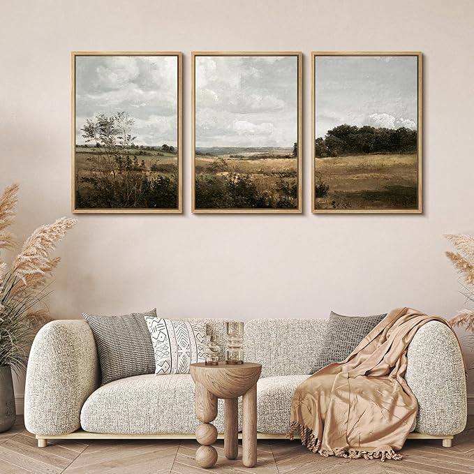 MUDECOR Framed Canvas Print Wall Art Rustic Fields Tranquil Countryside Landscape Nature Wilderness Illustrations Realism Decorative for Living Room, Bedroom, Office - 24"x36"x3 Natural