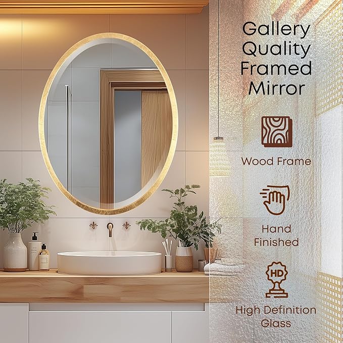OVALCREST - Oval Wooden Beveled Wall Mirror for Home Decor, Bathroom, Vanity, Bedroom, Living Room, Hallway - London Style (Gold Leaf) 21.1 x 17.1