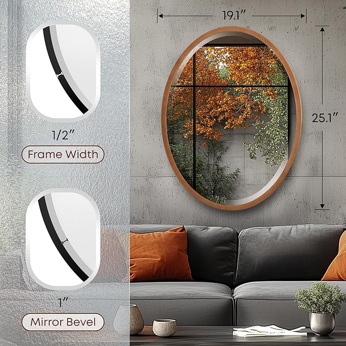 OVALCREST - Oval Wooden Beveled Wall Mirror for Home Decor, Bathroom, Vanity, Bedroom, Living Room, Hallway - London Style (Sunset Gold) 25.1 x 19.1