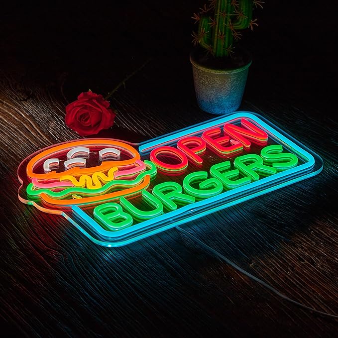 Burgers Open Neon Sign for Wall Décor Dimmable Business Hamburger Food Shop LED Neon Light USB Powered Neon Art Signs Decor
