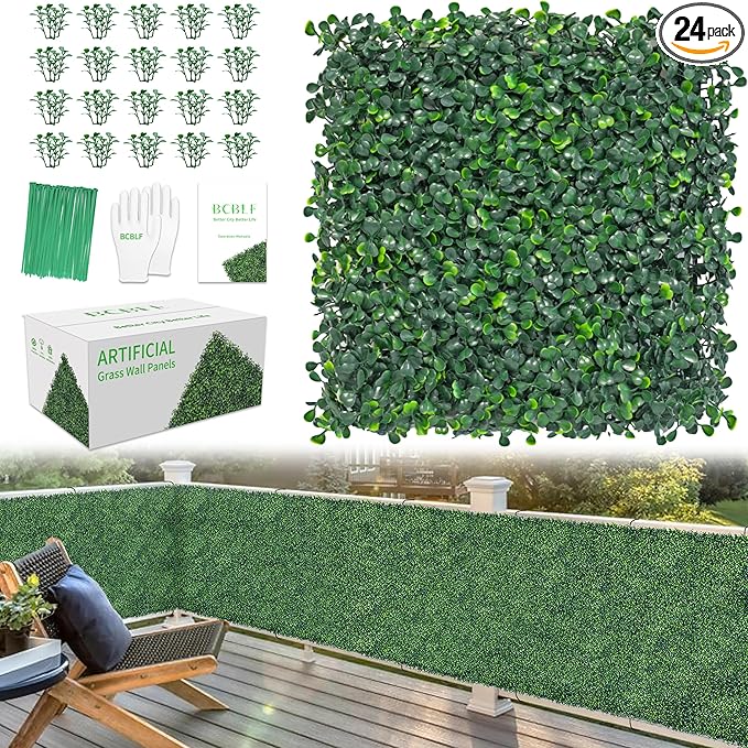 10x10Inch 24Pcs Grass Wall Panels, 4 Layers UV-Anti Boxwood Greenery Hedge with 50 Zip Ties, No Odor Artificial Fake Grass Backdrop for Indoor Outdoor Privacy, Birthday Wedding Decor, 16.7 SQ FT