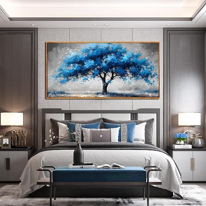 Ouzzlie Tree Wall Decor Light Blue Wall Art for Living Room Gray Painting Large Artwork 29" x 59"