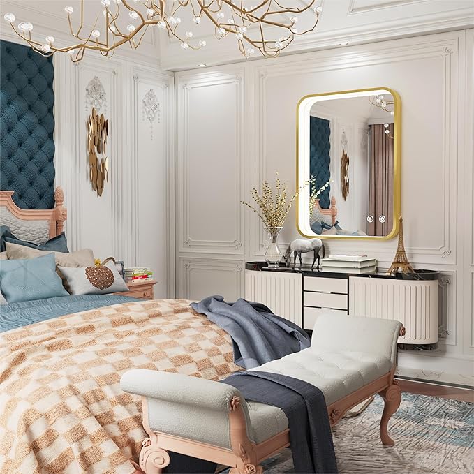 24x32 Inch Gold LED Bathroom Mirror with Lights, 3000K/4500K/6000K, Lighted Bathroom Vanity Mirror, Wall Mounted, Stepless Dimmable, Memory Funtion, Anti-Fog, Horizontal/Vertical