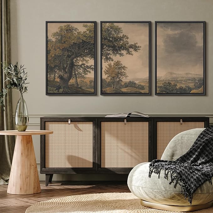 MUDECOR Framed Wall Art Print Set Vintage Landscape Rustic Tree and Mountain View Illustrations Decorative Colorful for Living Room, Bedroom, Office - 24"x36"x3 Black