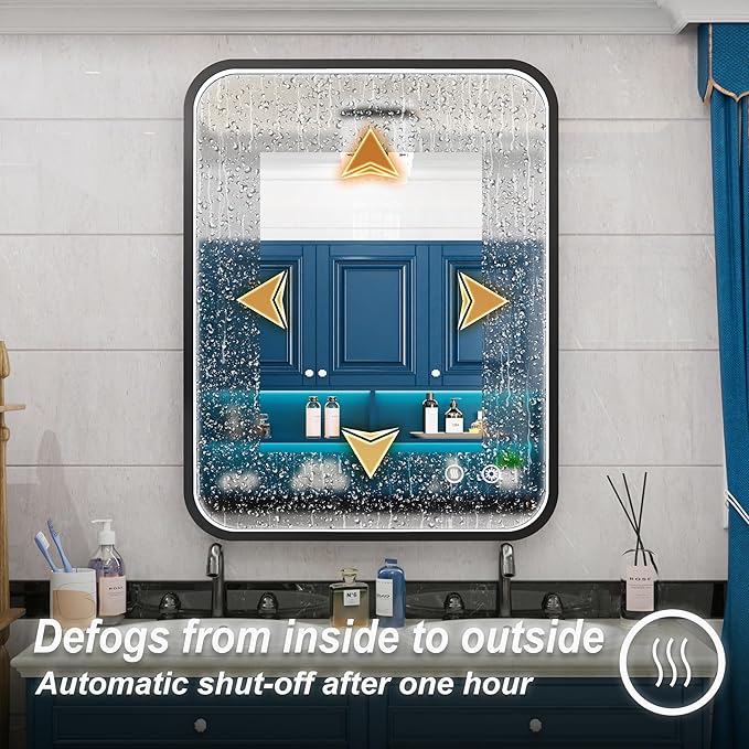 28x36 Inch Black LED Bathroom Mirror - 3 Color Lights (3000K/4500K/6000K), Wall Mounted Lighted Vanity Mirror for Bathroom, Stepless Dimmable, Anti-Fog, Memory Function, Horizontal/Vertical