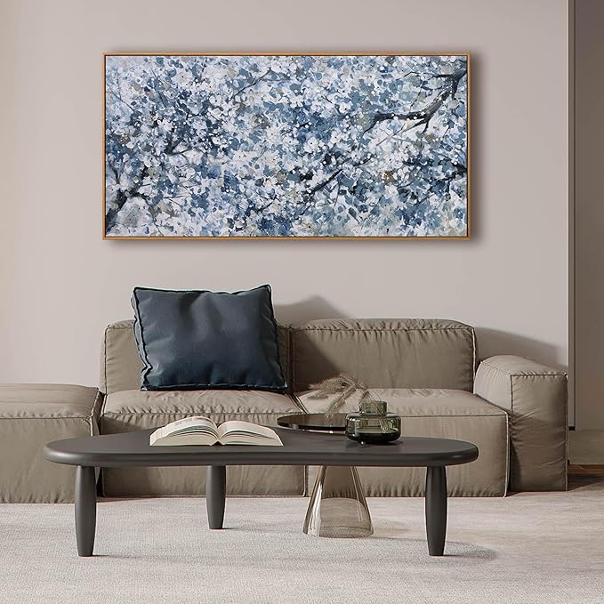 Canvas Wall Art Oil Painting Dark Blue And White Abstract Flower Tree Plants Wall Decor Pictures For Bedroom Canvas Botanical Wall Art Decorations Artwork For Living Room Home Office 20"×40"Framed