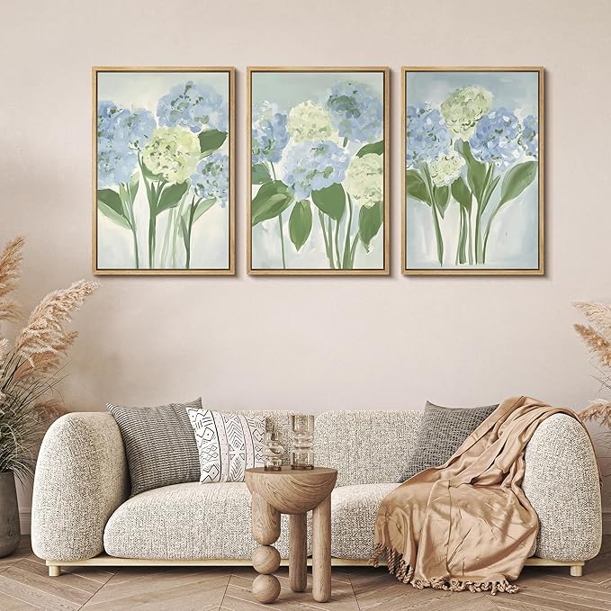 MUDECOR Framed Wall Art Print Set Blue Hydrangea Floral Botanical with Green Leaves Illustrations Modern Art Boho Decorative Colorful Chic for Living Room, Bedroom, Office - 24"x36"x3 Natural