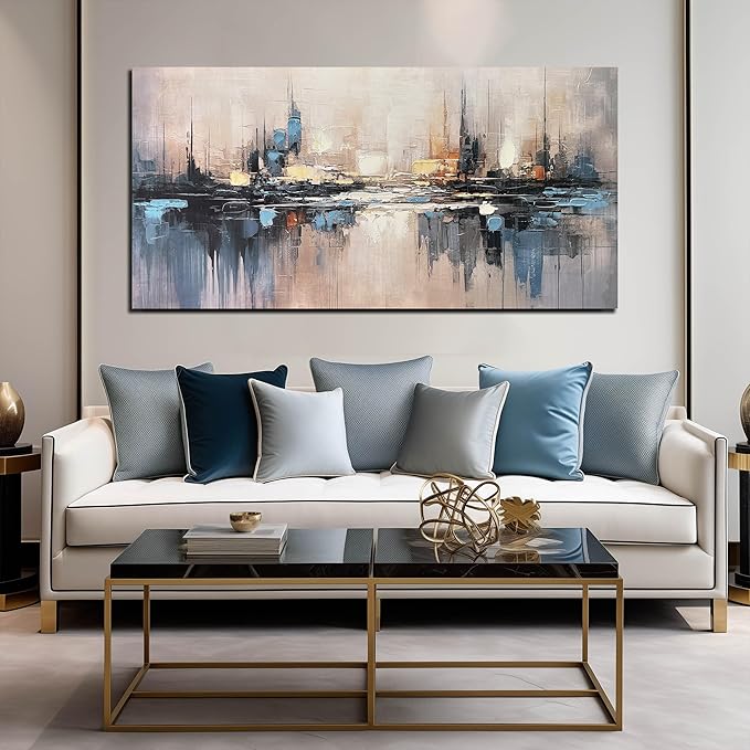 Large Abstract Canvas Wall Art for Living Room Blue Pictures Wall Decor for Bedroom Vintage City Home Office Decor 29 x 58 inches