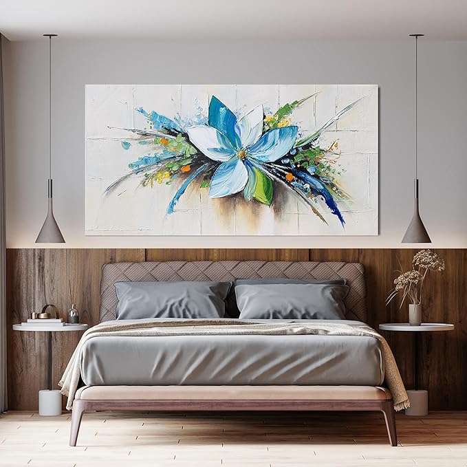 Canvas Wall Art Decor Large Wall Art for Living Room Canvas Art Wall Decor Blue Floral Wall Art Decor Large Artwork for Walls Modern Flower Wall Art Prints Kitchen Bedroom Office Wall Decor 29" X 58"