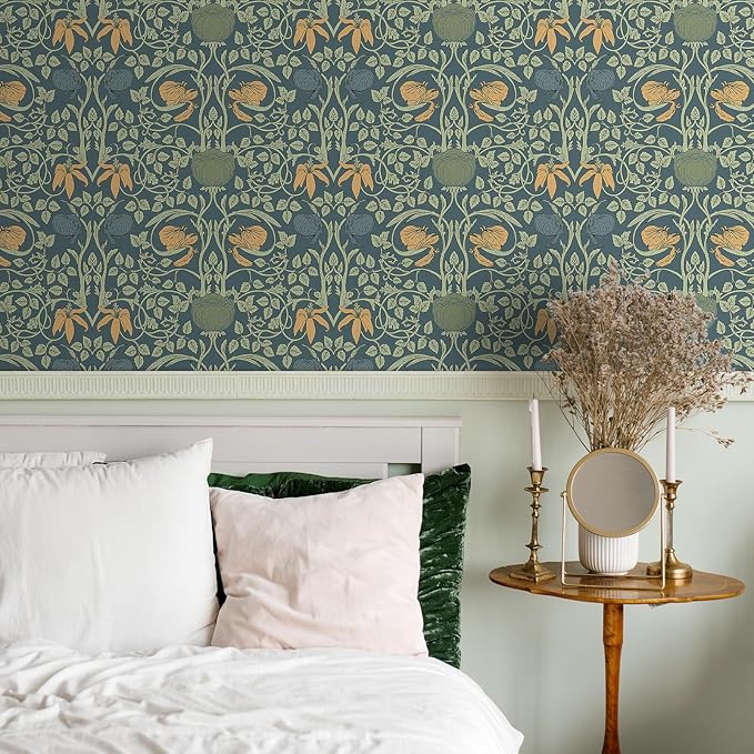 Livelynine 17.5x276 Dark Teal Floral Peel and Stick Wallpaper Vintage Brown Floral Navy Blue Green Flower Wall Paper Renter Friendly Retro Victorian William Morris Removable Contact Paper for Walls