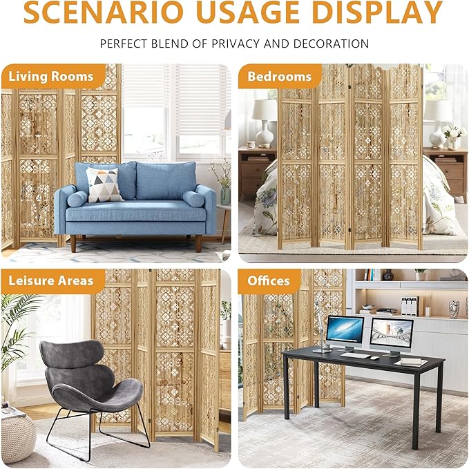 Casaphoria 6 Panels Room Divider, Folding Screen Room Divider with Copper Coin Pattern for Home Office, Restaurant and Bedroom, Paulownia Wood, 95" W x 67" H (Natural)