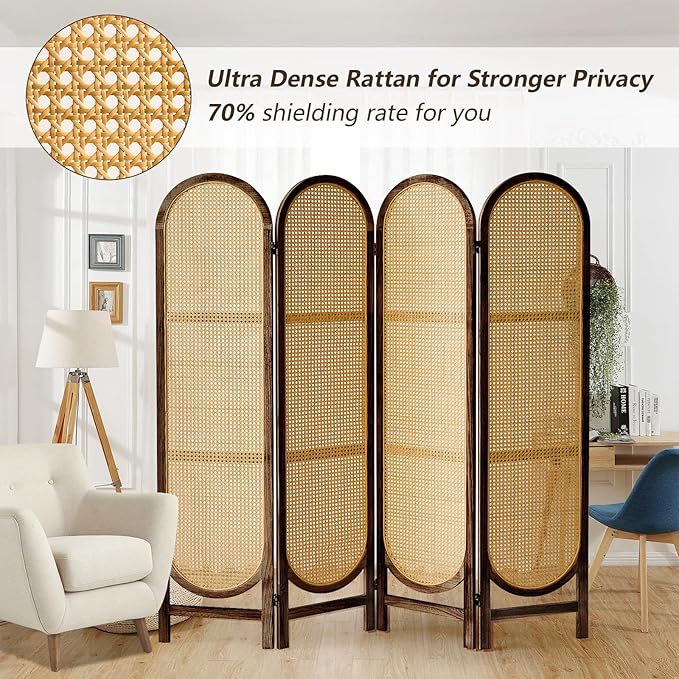 4 Panels Room Dividers and Hand-Woven Rattan Room Divider Wall, Wood Room Divider Folding Privacy Screens for Home Office Bedroom, Brown