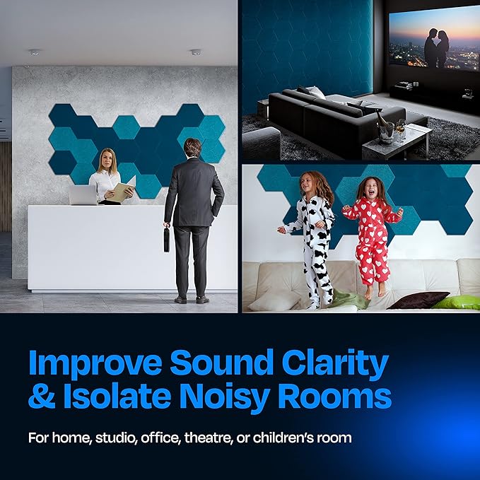 Acoustic Panels 12-Pack - 14"X12.1"X0.4" Sound Panels - High Density Sound Dampening - Ocean Turquoise Hexagon