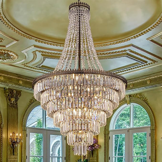 TOCHIC French Empire Crystal Chandelier Modern Farmhouse Chandelier Ceiling Light for Foyer Entryway High Ceiling, Vintage Antique Bronze Chandelier Light Fixture for Dining Living Room 34" W x 58" H