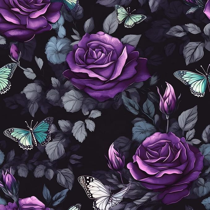 Black Foral Wallpaper Peel and Stick Dark Purple Rose Contact Paper 17.4" x 393", Waterproof Self-Adhesive Flower Butterfly Wall Paper for Bedroom Countertop Desk Cabinets Decor Renter Friendly