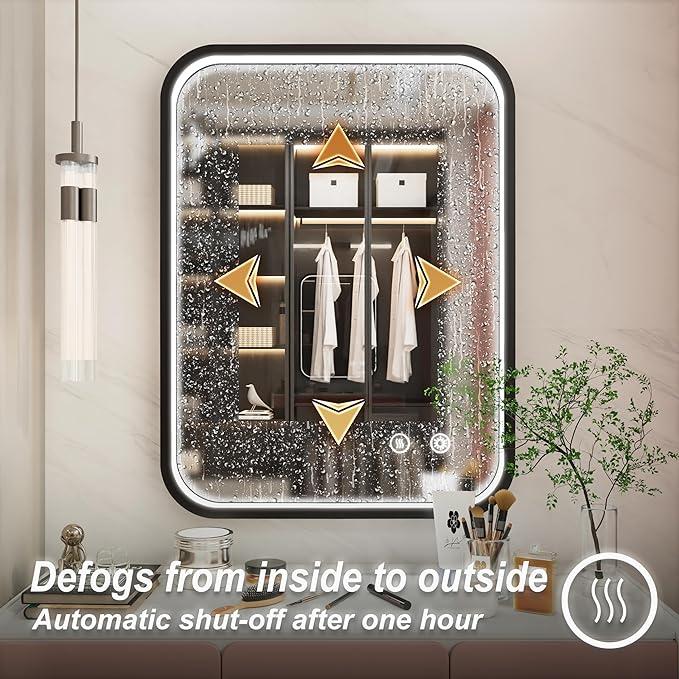 24x32 Inch Black LED Mirror for Bathroom with Lights, 3000K/4500K/6000K, Wall Mounted Lighted Bathroom Vanity Mirrors, Stepless Dimmable, Memory Funtiom, Anti-Fog, Horizontal/Vertical